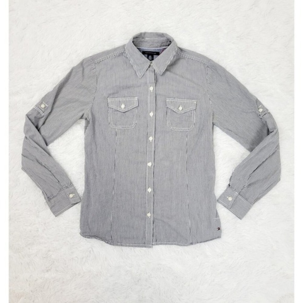 Tommy Hilfiger Womens Striped Button Down Shirt‎ Utility Pocket Roll Tab Sleeve